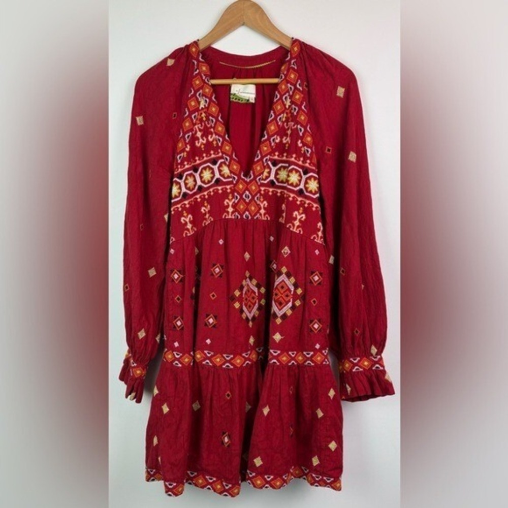 ANTHROPOLOGIE Niamh Red Multi Embroidered Mini Dress Tunic Boho Aztec Chic Sz XS - Picture 4 of 14